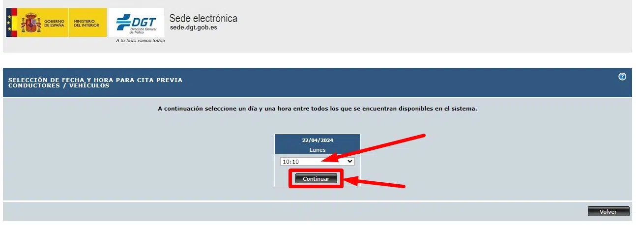 Cita DGT Selecciona horario
